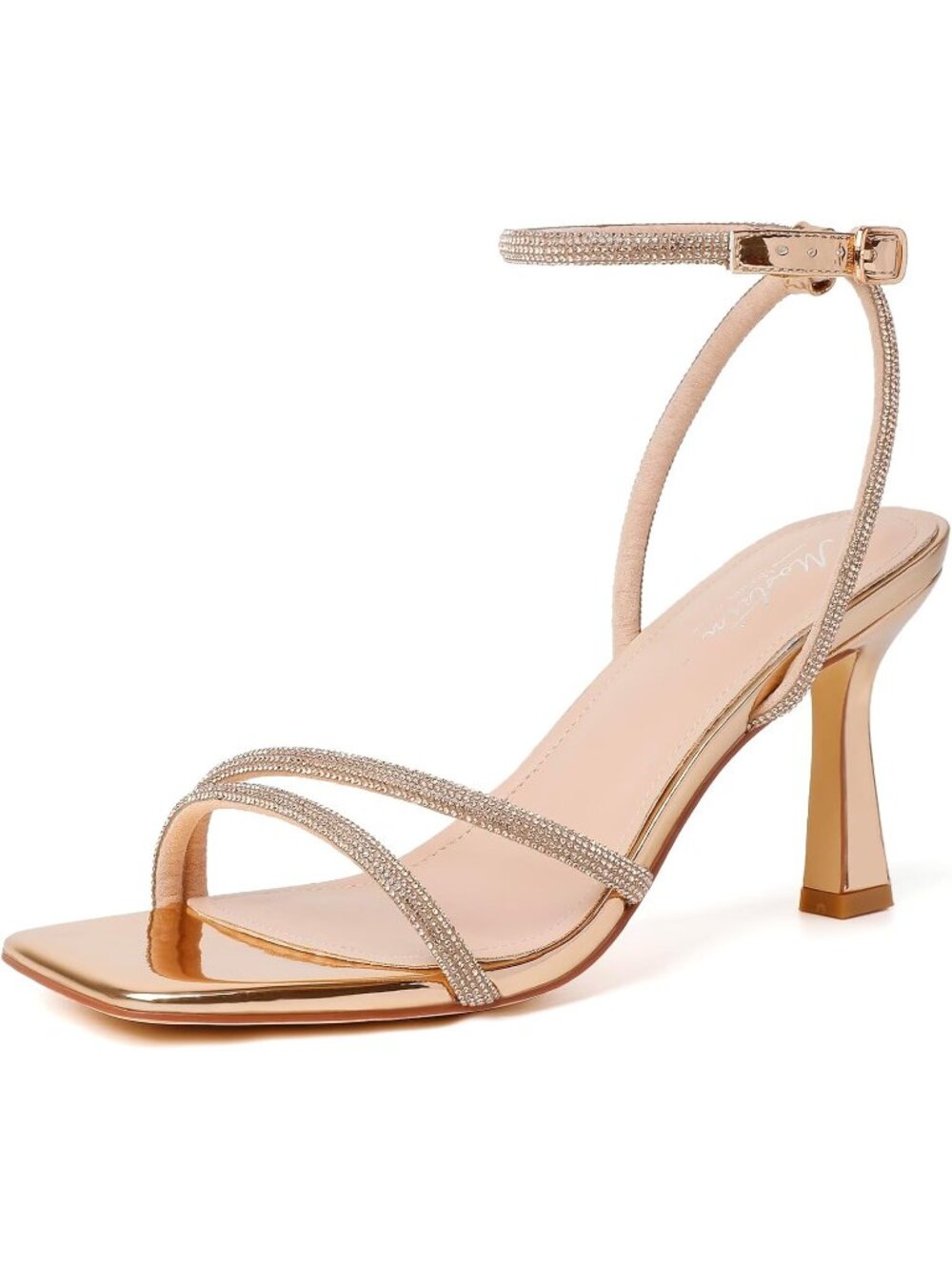 Women's Rose Gold Sandals Strappy Heel Ankle Strap Lace Up Square Open Toe Heels